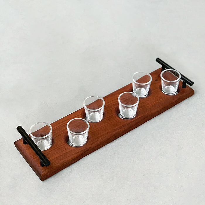 shot glasses with walnut wood server and black handles. Six (6) servings.