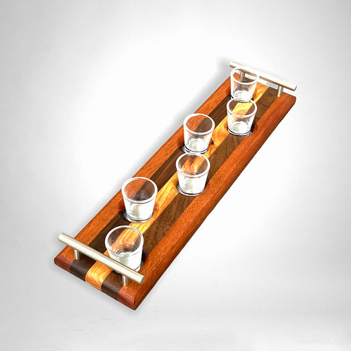 Shot Glasses with fine hardwoods server and steel handles.  Wood types are mahogany, walnut and cherry.