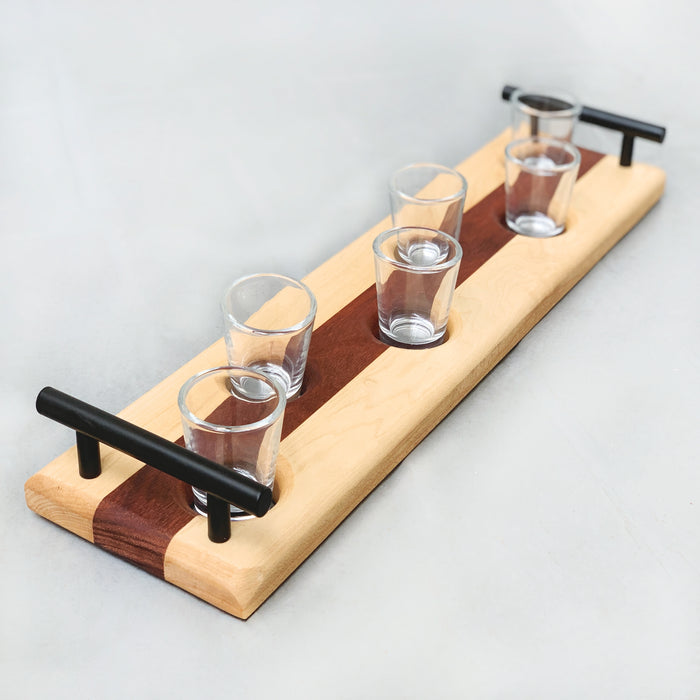 Shot Glasses for 6 | Whiskey Flight Glasses | Wood Server with Handles