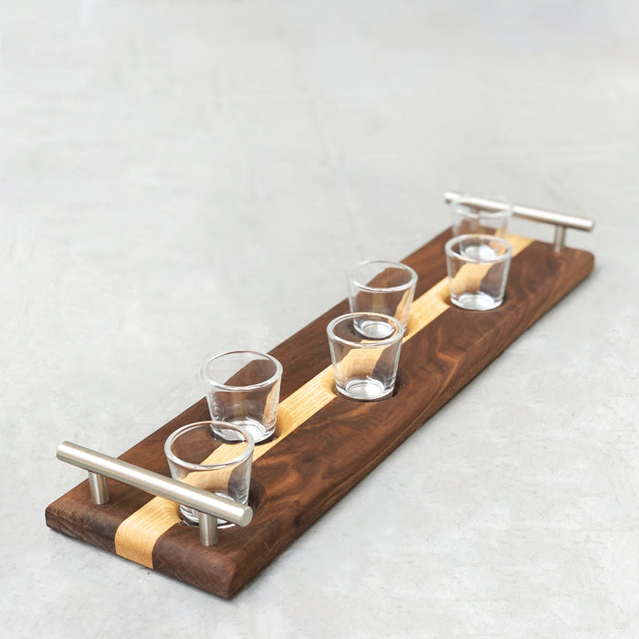 Set of 6 shot glasses on walnut and ash server stand with stainless steel handles. Handmade in North Carolina.