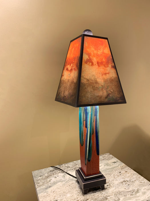 Handmade Ceramic Table Lamp with turquoise and blue base - rust orange art paper shade.