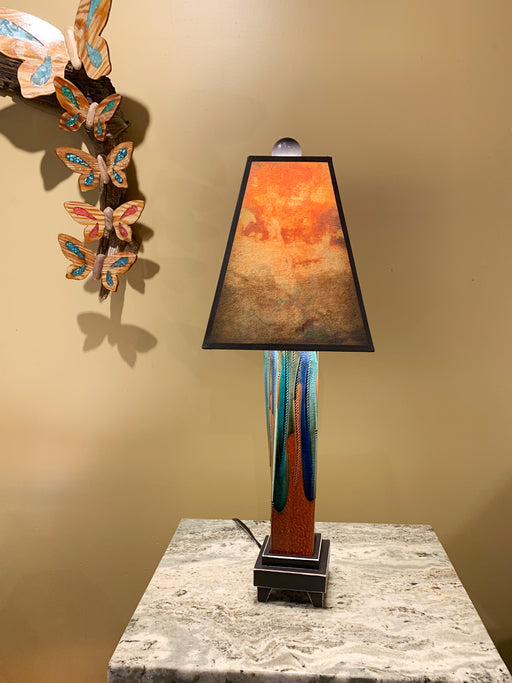 Ceramic Table Lamp with turquoise and blue base - rust orange art paper shade.
