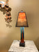 Ceramic Table Lamp with turquoise and blue base - rust orange art paper shade.