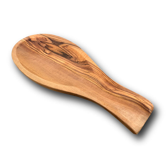 8-inch wood spoon rest made from olive wood. Buy now at www.barouke.com